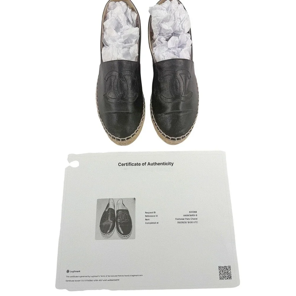 CHANEL Lambskin Espadrilles Black CC 37 Auth New w/o Box Leather Flats Slip-On